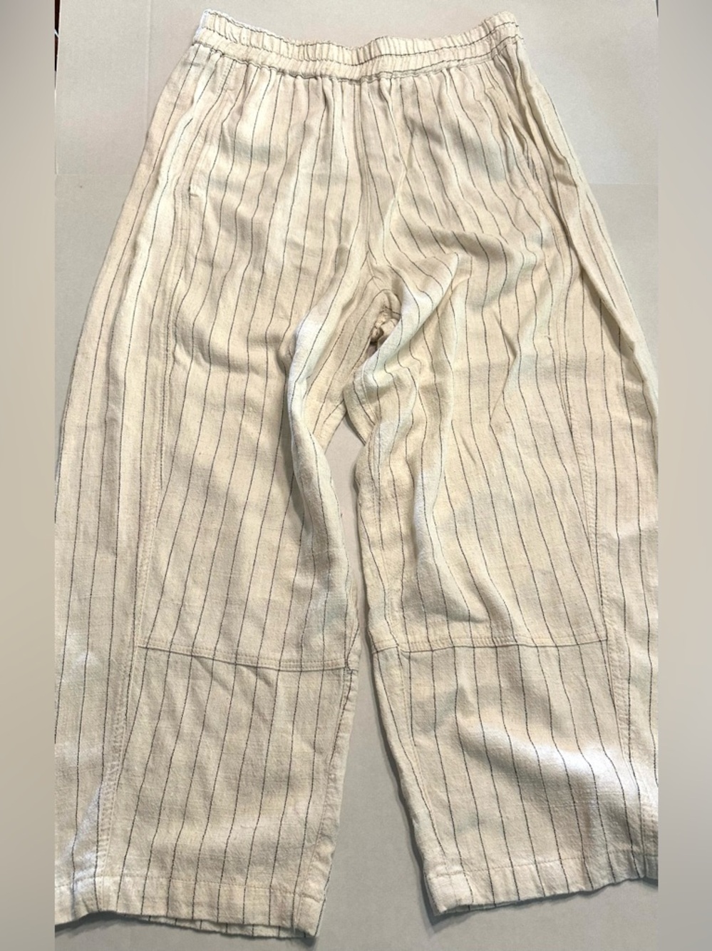 Max Studio Cream Pinstripe Elastic-Waist Wide Leg Pants Linen Blend